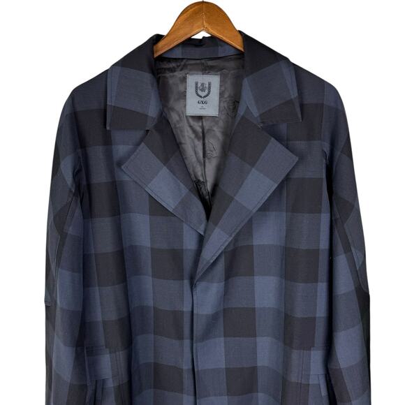 GXG Mens Navy Black Checkered Plaid Long Length Lightweight Coat w Pockets - Picture 3 of 10